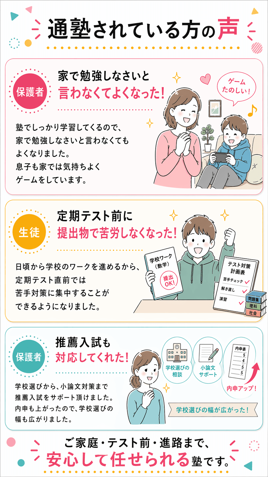 生徒や保護者の声を紹介するセクション